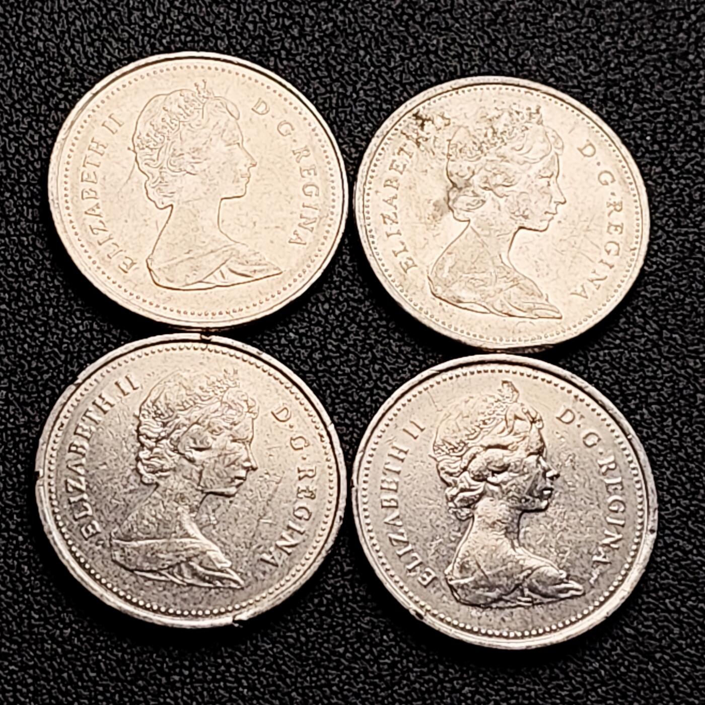 泉币菌-第164场-新年第七场 精品福利场 高币值 一加元 一组4枚 加拿大驯鹿1/4元 英国伊丽莎白二世女王像 23.9mm