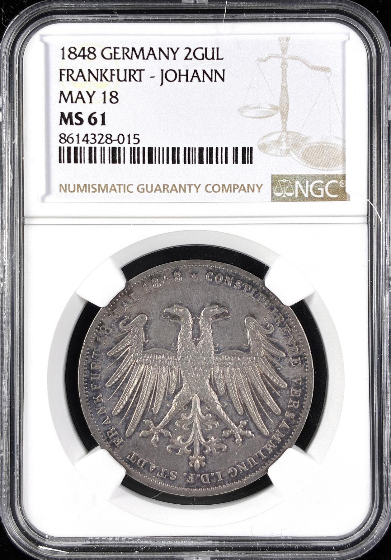 【雨安】【直播拍卖】【第0123期-评级币章】2026-01-10 周六 19:30 [评级德国] Germany 德国 德意志 2盾 Frankfurt法兰克福 Thun.135 KM#0338 (1848) 奥地利大公 1848年  NGC-MS61