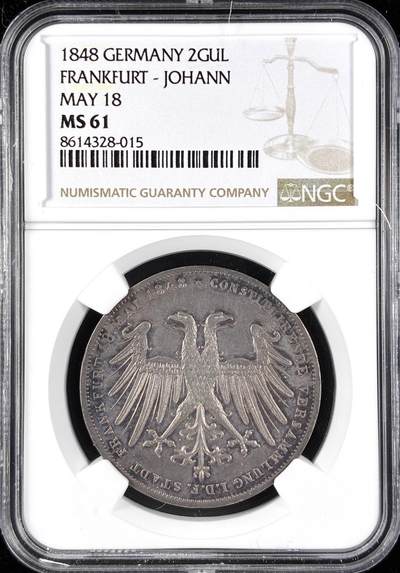 【雨安】【直播拍卖】【第0123期-评级币章】2026-01-10 周六 19:30 - [评级德国] Germany 德国 德意志 2盾 Frankfurt法兰克福 Thun.135 KM#0338 (1848) 奥地利大公 1848年  NGC-MS61