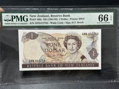 🎉🎉🎉《外钞收藏家》第六百期（年度庆典场）（本平台长期征集拍品、欢迎藏友们联系合作）❤️❤️❤️ - 1981-92年新西兰女王1元 PMG66 BWC版