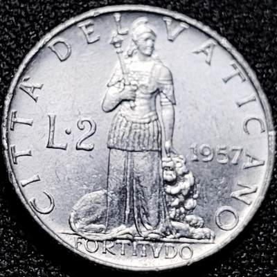 泉币菌-第164场-新年第七场 精品福利场 - 原光UNC 梵蒂冈1957年 2里拉铝制币 女神狮子 欧洲币 18.3mm