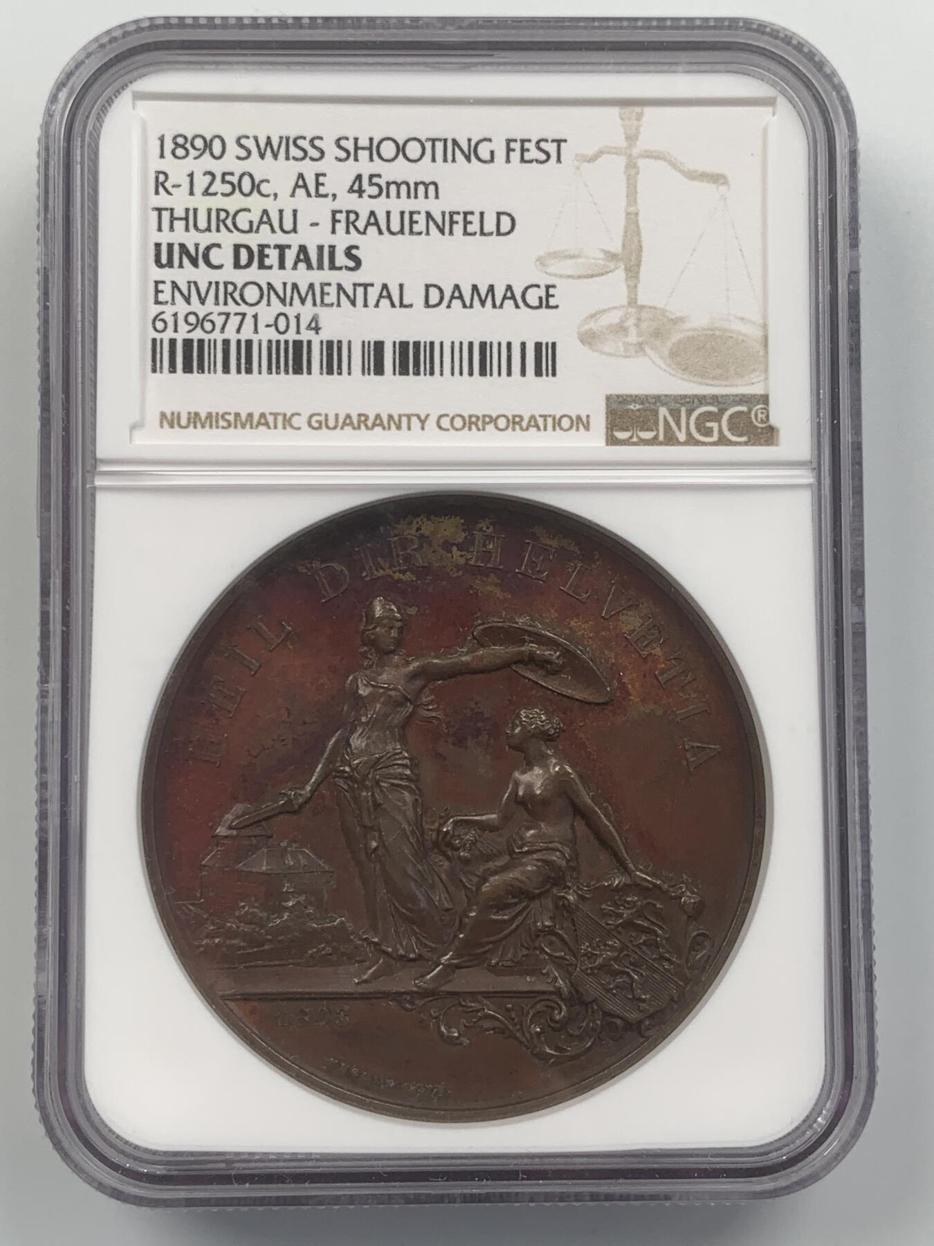 掌中浮雕-藏着的欧洲第048场 NGC UNC ：1890年瑞士弗劳恩费尔德射击节铜章，45mm