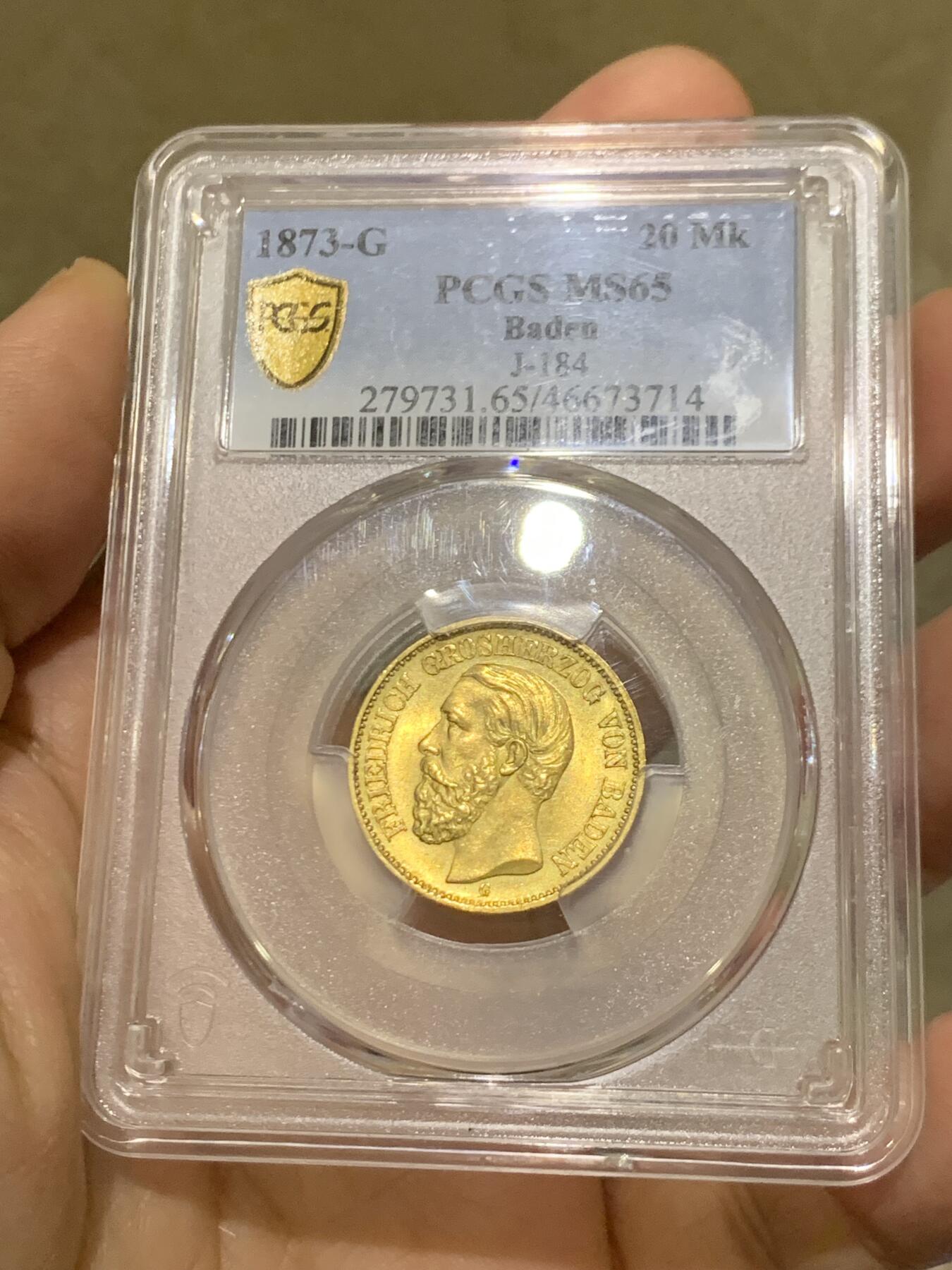 《竞宝斋》第455场 周日，周一 2场连拍 （全场包邮，欢迎送拍） PCGS MS65 德国巴登大公国 1873年20帝国金马克金币 热门的德二短翅鹰 高分极好 1872昆克裸币成交价2.2万