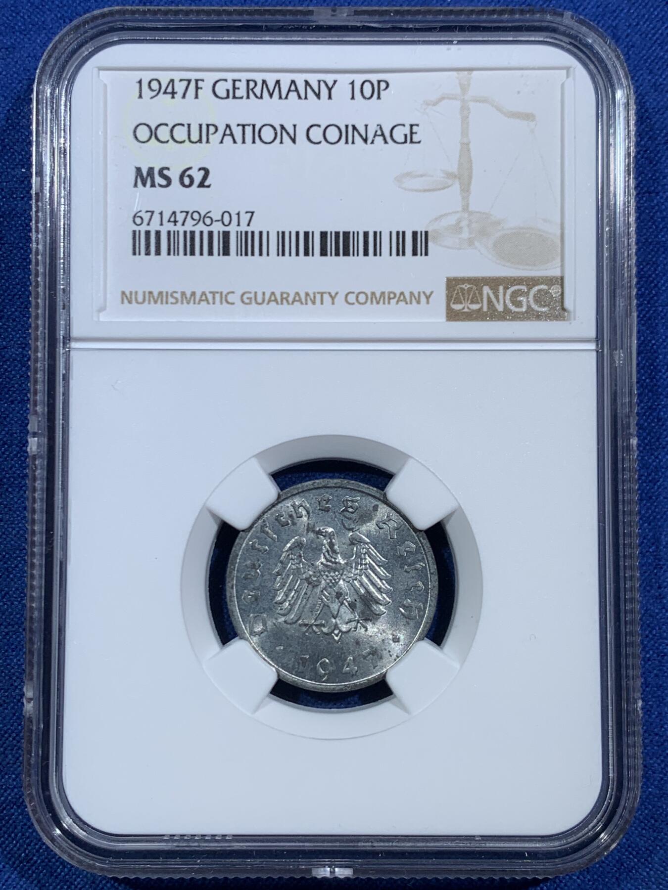 《竞宝斋》第455场 周日，周一 2场连拍 （全场包邮，欢迎送拍） NGC MS62 德国盟军占领时期 1947年10芬尼 锌币