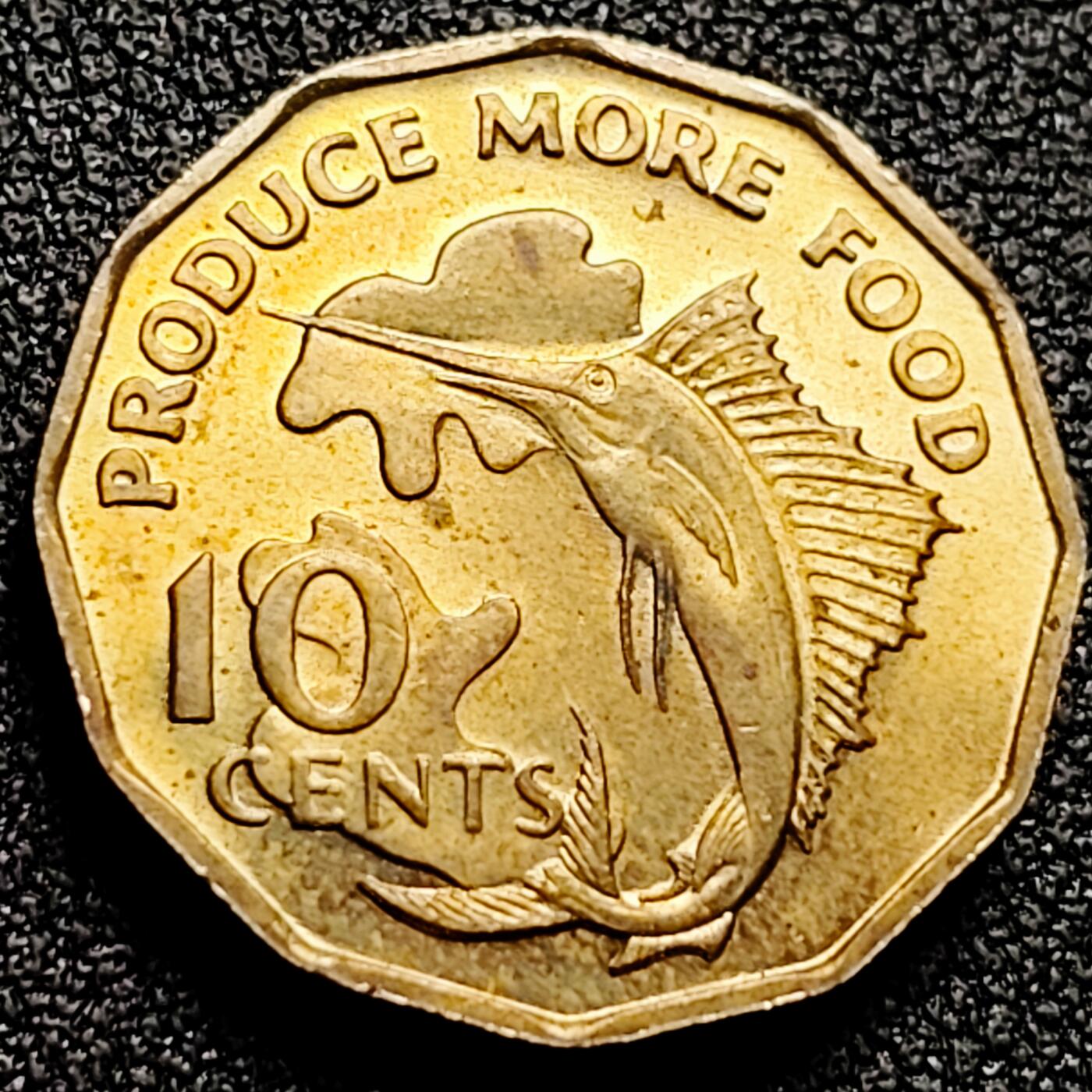 泉币菌-第164场-新年第七场 精品福利场 稀少原铜光UNC 剑鱼 1977年塞舌尔10分多边形镍黄铜硬币 21.0毫米6.1克