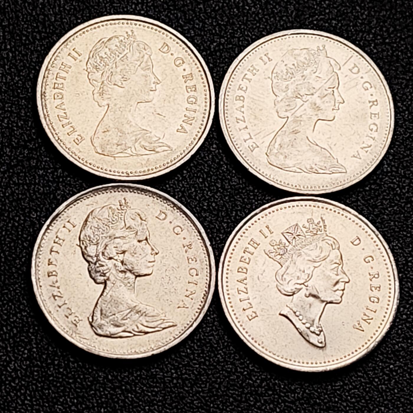 泉币菌-第163场-新年第六场 精品福利场 高币值 一加元 一组4枚 加拿大驯鹿1/4元 英国伊丽莎白二世女王像 23.9mm