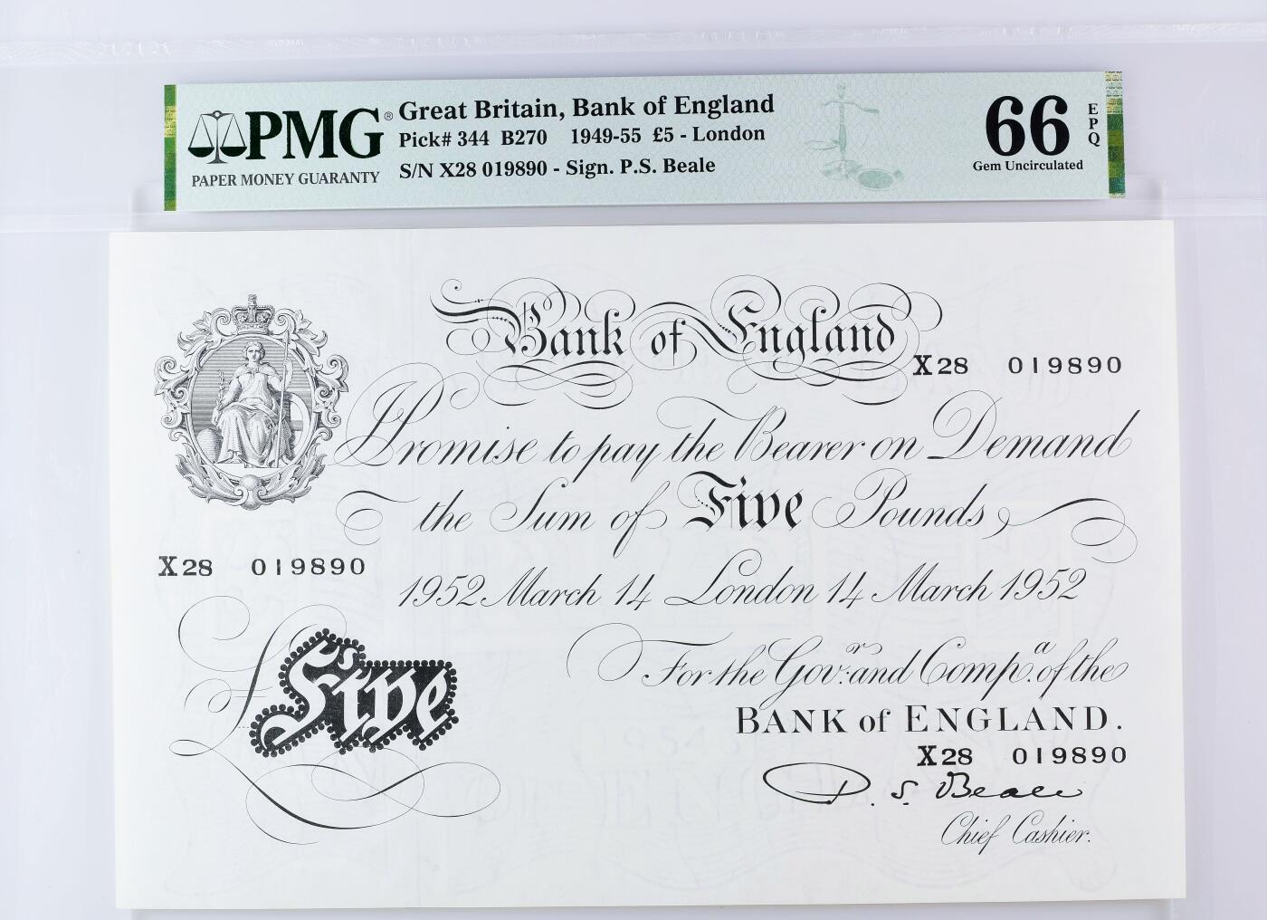 【Blue Auction】世界纸币精拍第772期——18级TOP拍卖/信誉/品质/专业/高效💫 【倒置号 仅1张更高分】英国 1949-55年5镑 白色英镑 超大票幅 满版水印 PMG66EPQ