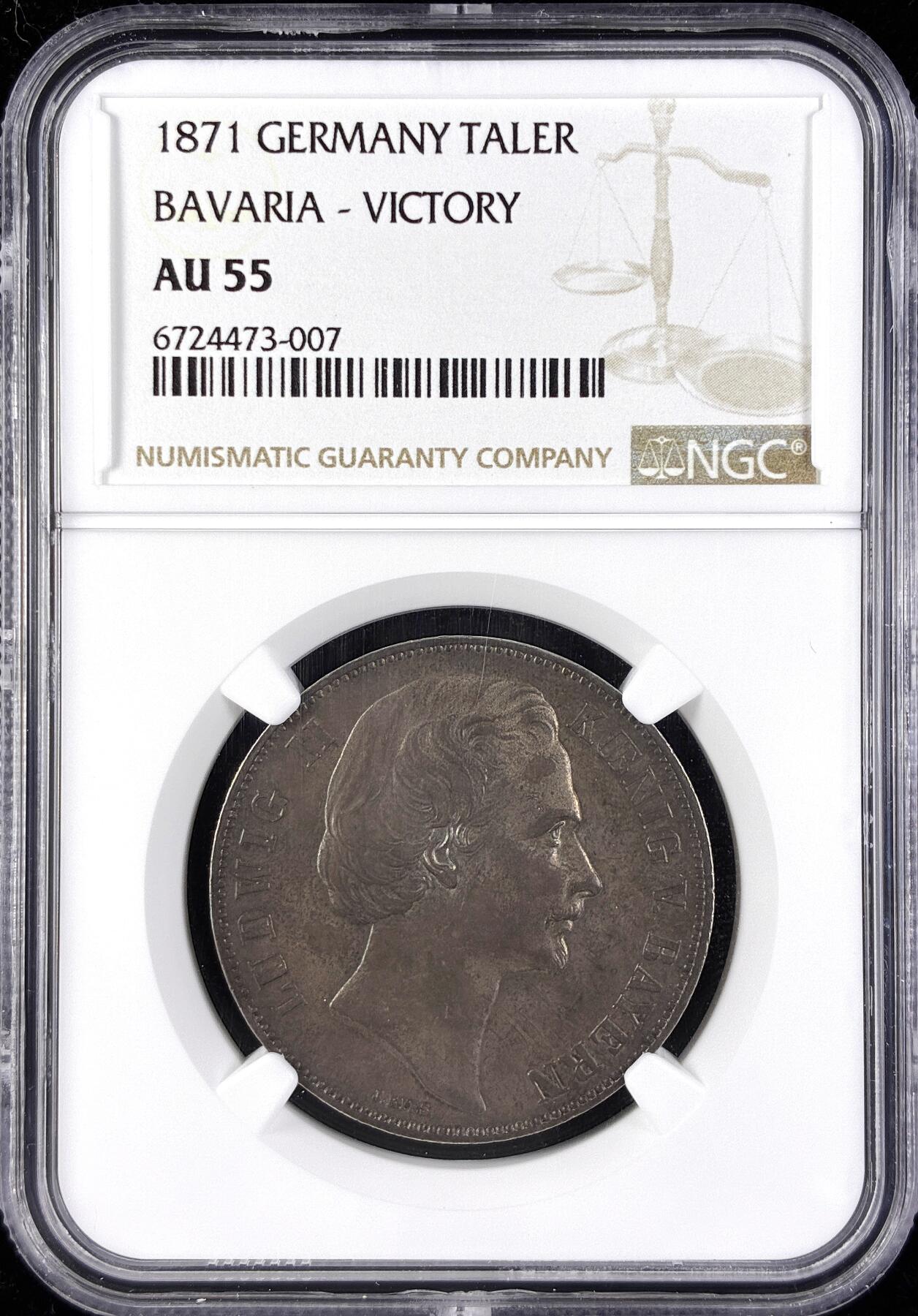 【雨安】【直播拍卖】【第0123期-评级币章】2026-01-10 周六 19:30 [评级德国] Germany 德国 德意志 1泰勒 Bavaria巴伐利亚 Thun.107 KM#0889 (1871) 普法战争 1871年  NGC-AU55 原味欧洲老包浆 严评