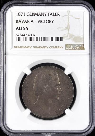 【雨安】【直播拍卖】【第0123期-评级币章】2026-01-10 周六 19:30 - [评级德国] Germany 德国 德意志 1泰勒 Bavaria巴伐利亚 Thun.107 KM#0889 (1871) 普法战争 1871年  NGC-AU55 原味欧洲老包浆 严评