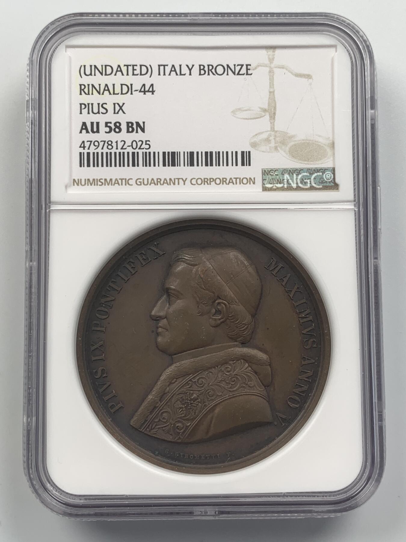 掌中浮雕-藏着的欧洲第048场 NGC AU58 : 梵蒂冈教皇庇护九世铜章，44mm