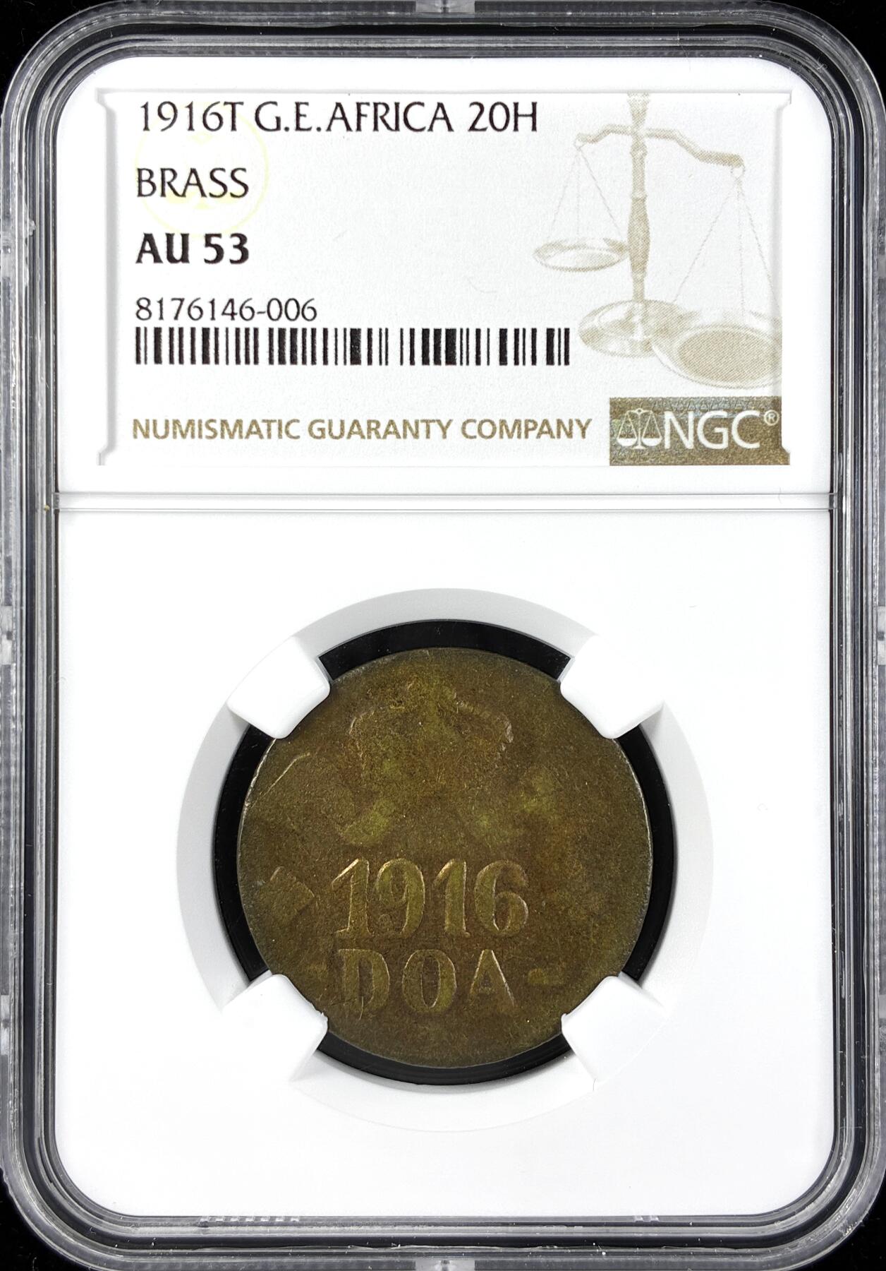 【雨安】【直播拍卖】【第0123期-评级币章】2026-01-10 周六 19:30 [评级德国] Germany 德属东非 20赫勒 1916年T  NGC-AU53