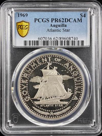 【雨安】【直播拍卖】【第0123期-评级币章】2026-01-10 周六 19:30 - [评级现代] Anguilla 安圭拉 4元 1969年 帆船 PCGS-PR62DCAM 精制币