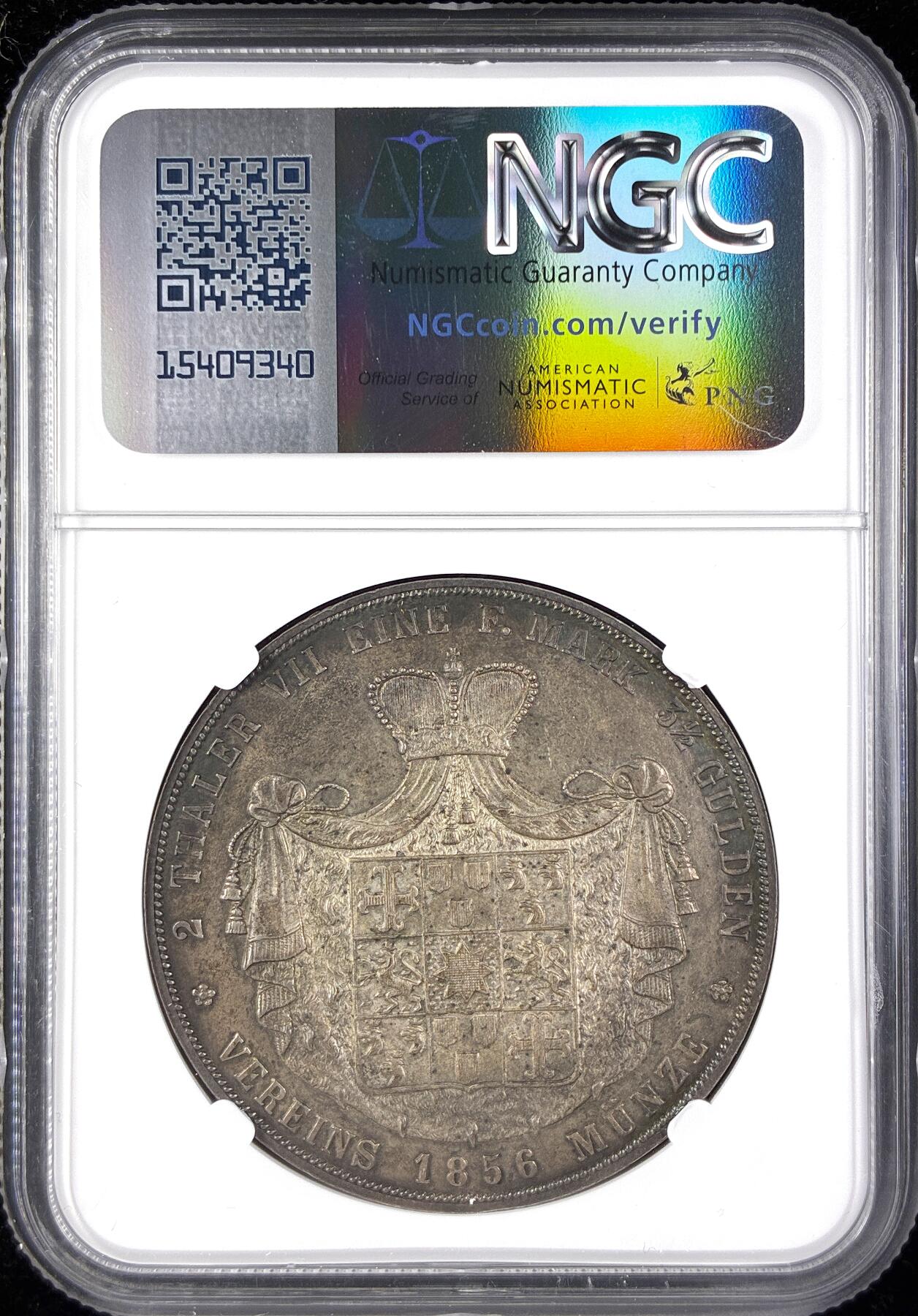 【雨安】【直播拍卖】【第0123期-评级币章】2026-01-10 周六 19:30 [评级德国] Germany 德国 德意志 2泰勒 Waldeck瓦尔德克 Thun.409 KM#0177 (1856) 格奥尔格·维克多 1856年  NGC-MS62 原味五彩包浆 罕见MS品种