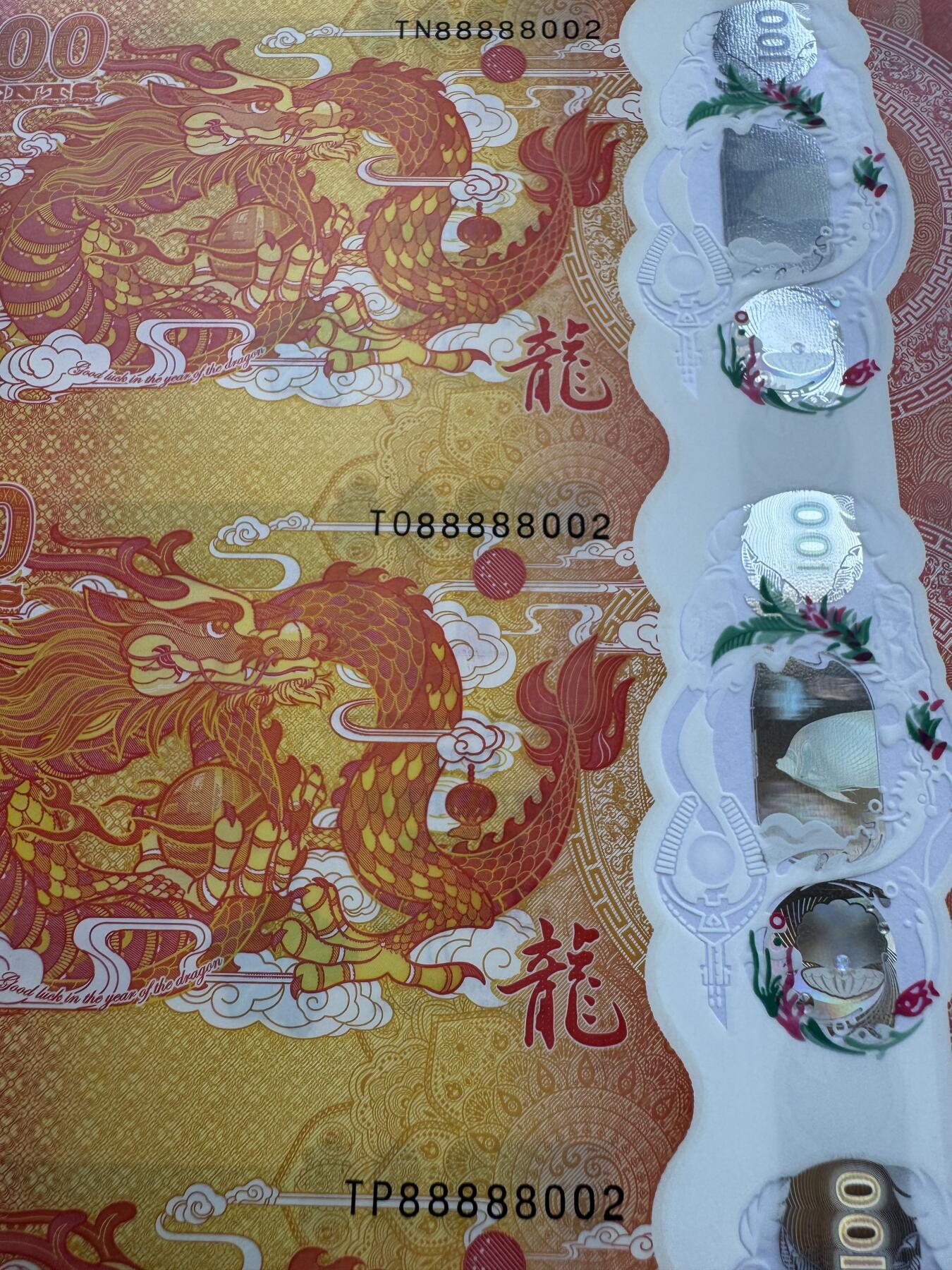 2026第1场（总第228期）：精品测试钞、外钞、塑料钞、连体钞综合场 八连体/吉祥号88888002 斐济2023版“中国生肖龙年”100分塑料纪念钞UNC（发行价1108元）