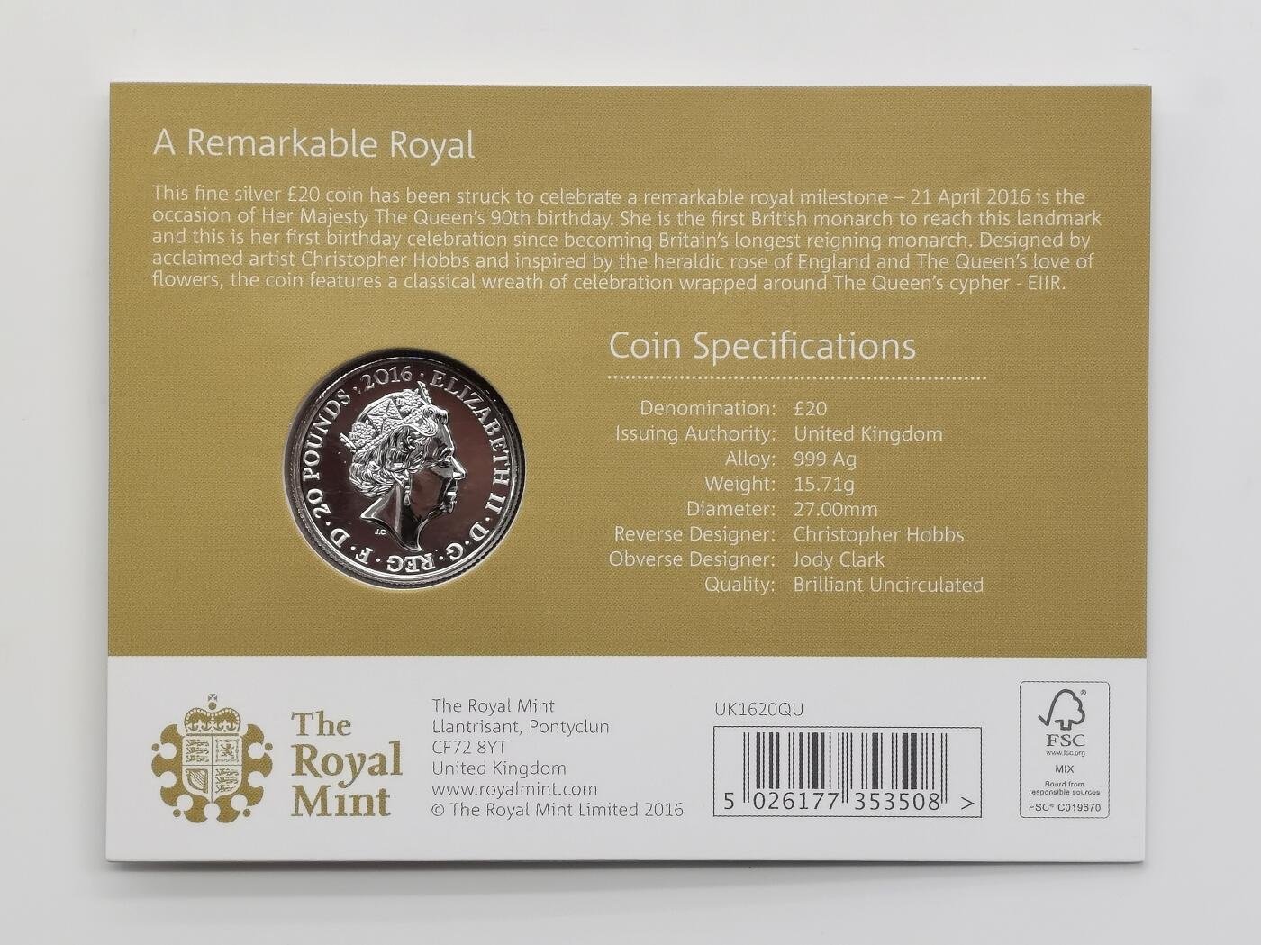 博洋堂世界钱币拍卖第156期（全场包邮） 英国2016年伊丽莎白二世90大寿精制20镑999银，15.71克