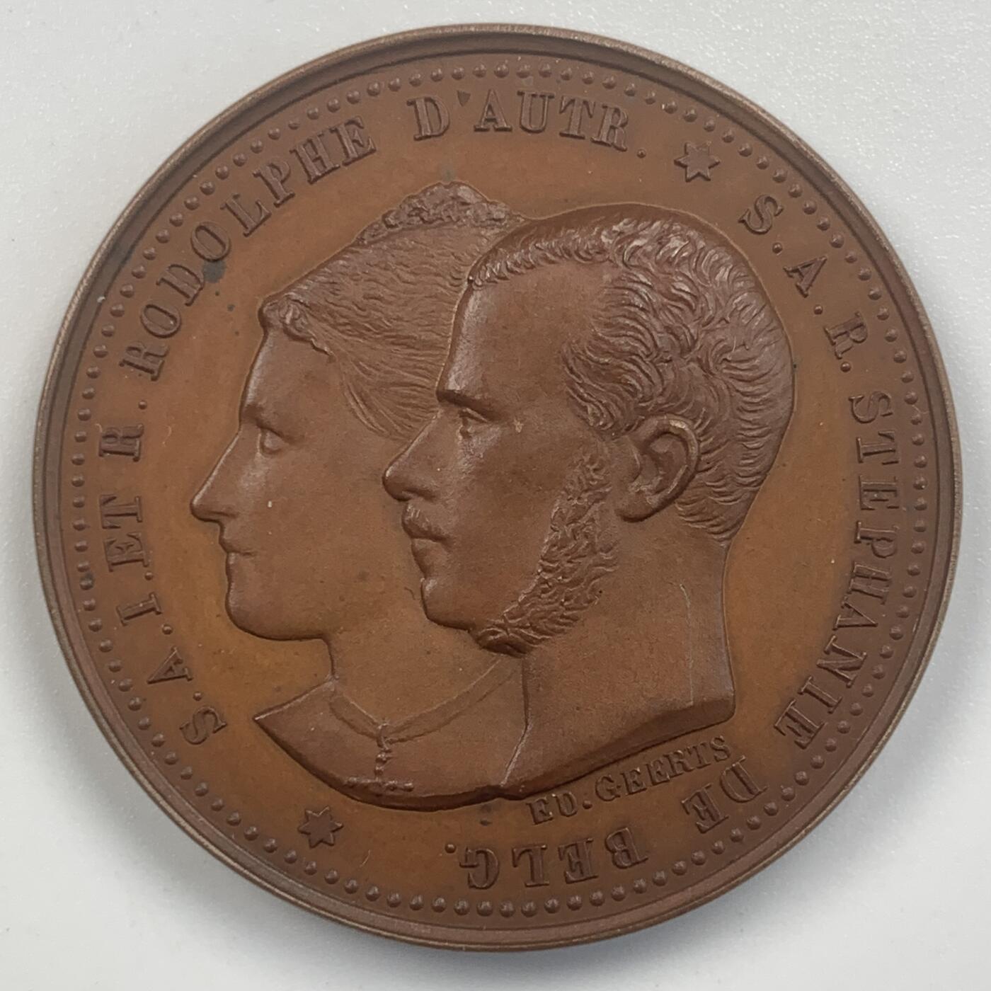 掌中浮雕-藏着的欧洲第048场 1881年奥匈帝国王子鲁道夫与比利时公主斯特凡娜结婚铜章 , Geerts雕刻，32mm，比较少见！