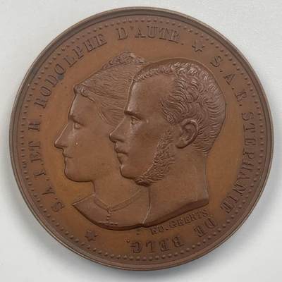 掌中浮雕-藏着的欧洲第048场 - 1881年奥匈帝国王子鲁道夫与比利时公主斯特凡娜结婚铜章 , Geerts雕刻，32mm，比较少见！