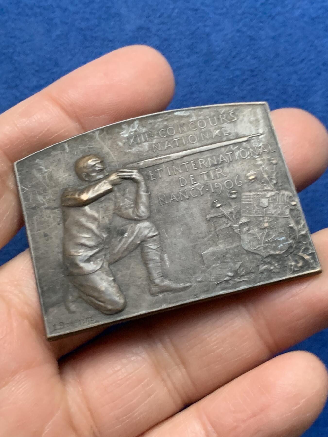 《竞宝斋》第455场 周日，周一 2场连拍 （全场包邮，欢迎送拍） 1906年法国南希国际射击比赛铜章 36克 38*50.2mm 丰饶角铜标