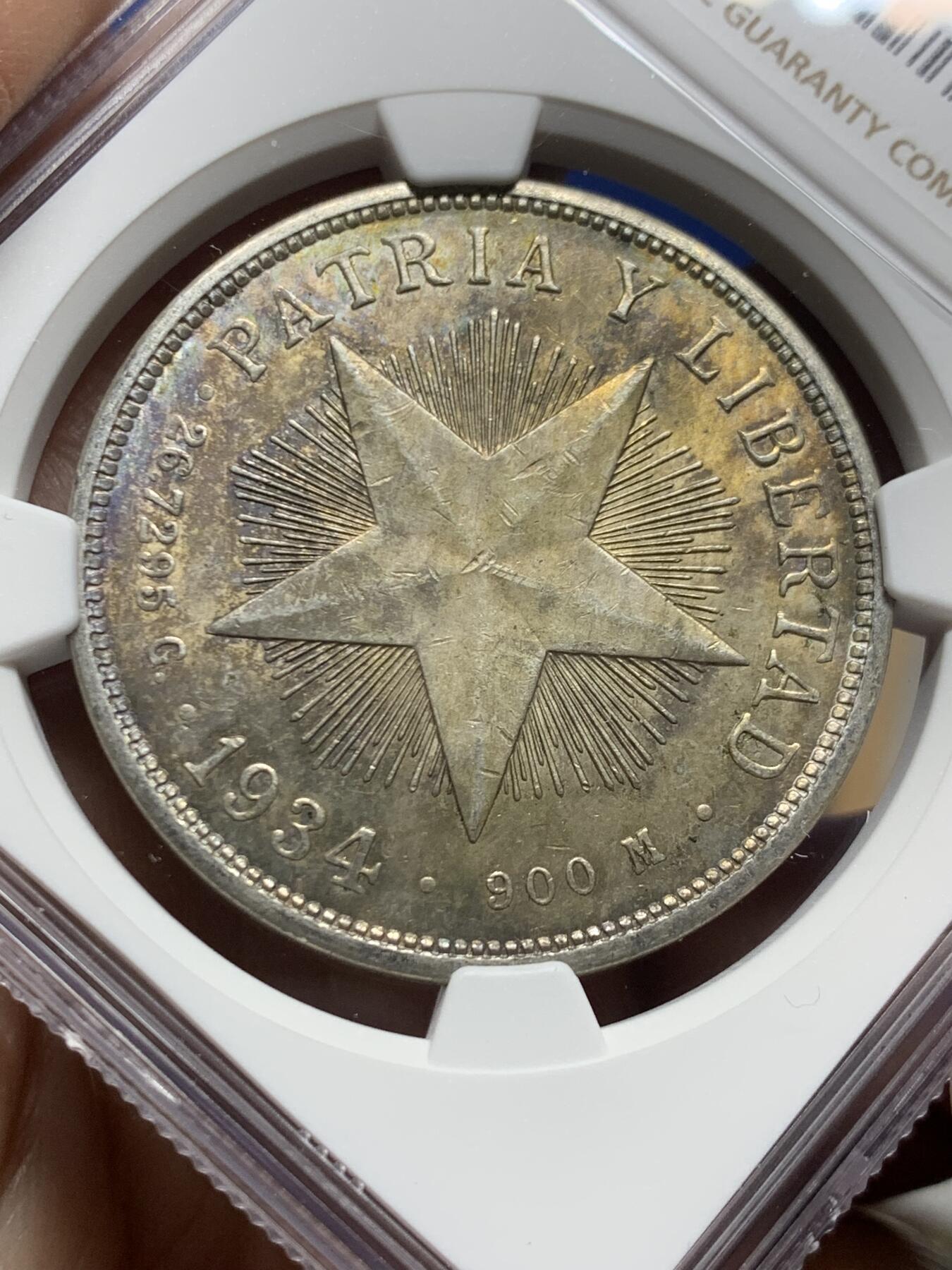 《竞宝斋》第455场 周日，周一 2场连拍 （全场包邮，欢迎送拍） NGC MS62 古巴1934年大五星1比索银币