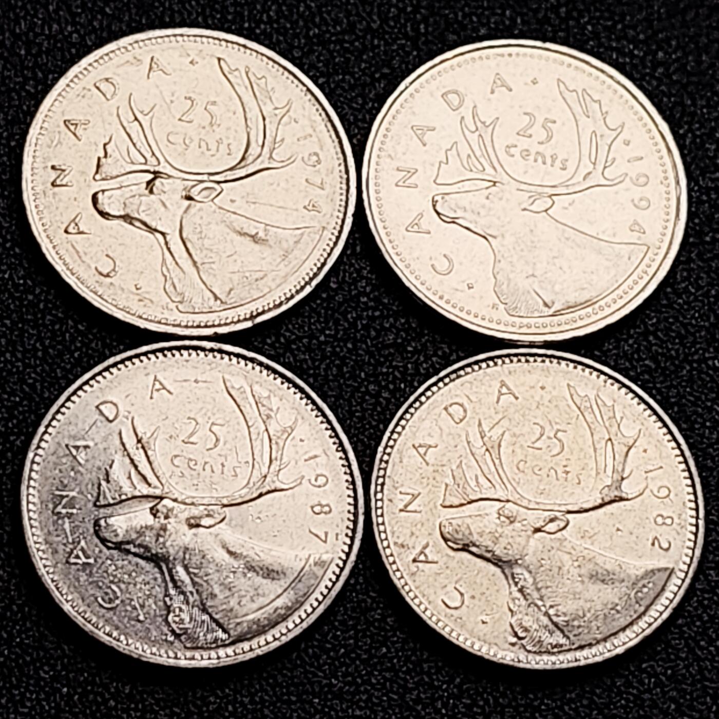 泉币菌-第163场-新年第六场 精品福利场 高币值 一加元 一组4枚 加拿大驯鹿1/4元 英国伊丽莎白二世女王像 23.9mm