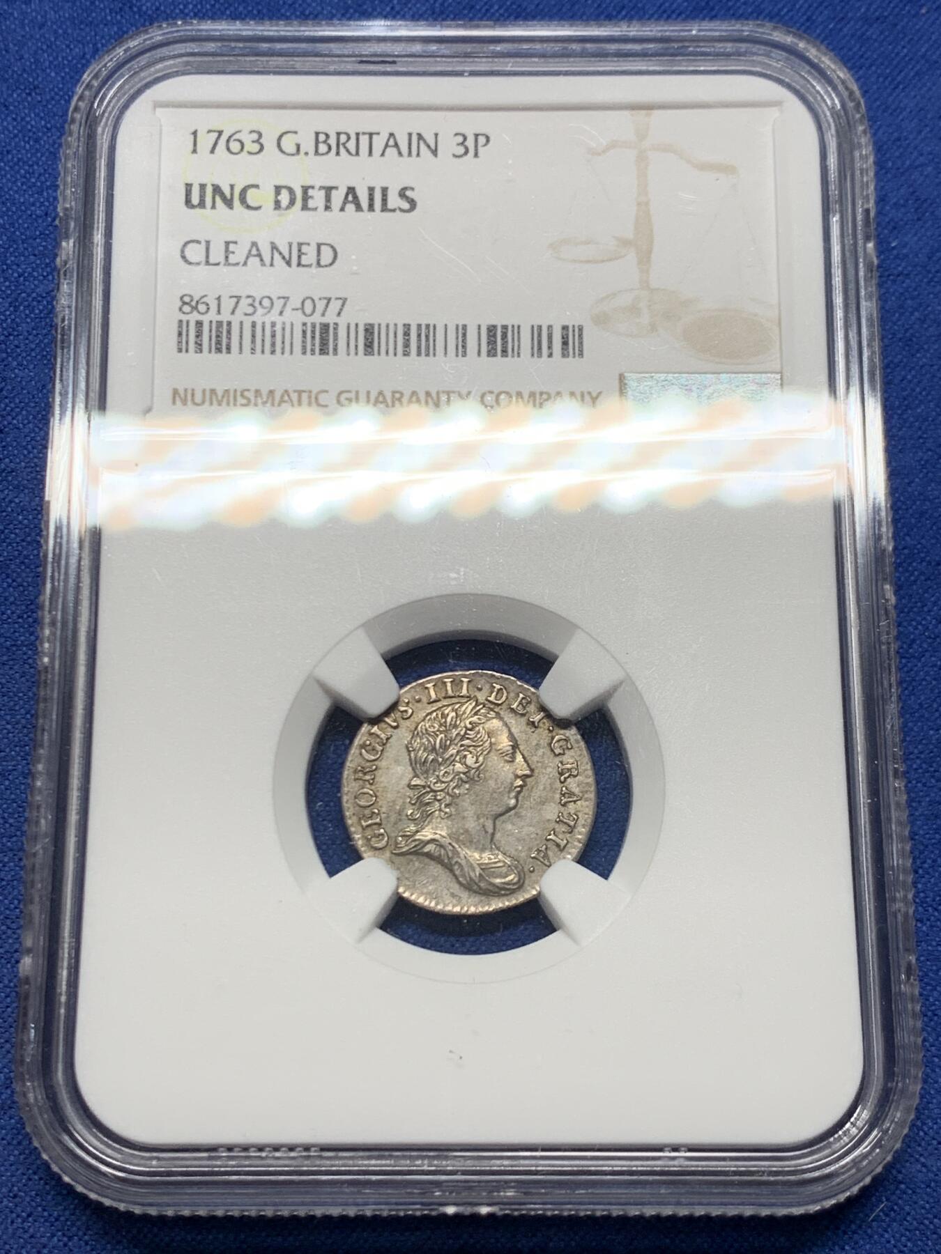 《竞宝斋》第455场 周日，周一 2场连拍 （全场包邮，欢迎送拍） NGC UNCD 英国1763年乔治三世3便士银币，濯足节系列银币，带点淡彩，细节很好，性价比高