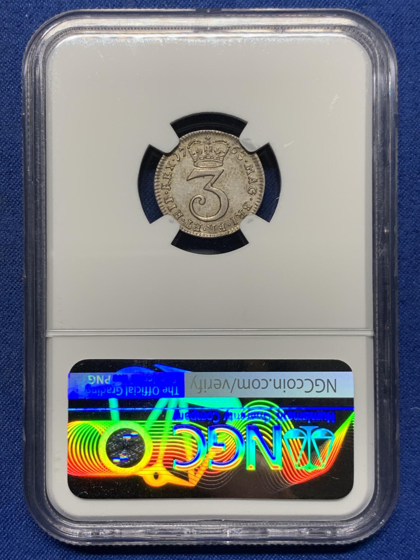 《竞宝斋》第455场 周日，周一 2场连拍 （全场包邮，欢迎送拍） NGC UNCD 英国1763年乔治三世3便士银币，濯足节系列银币，带点淡彩，细节很好，性价比高