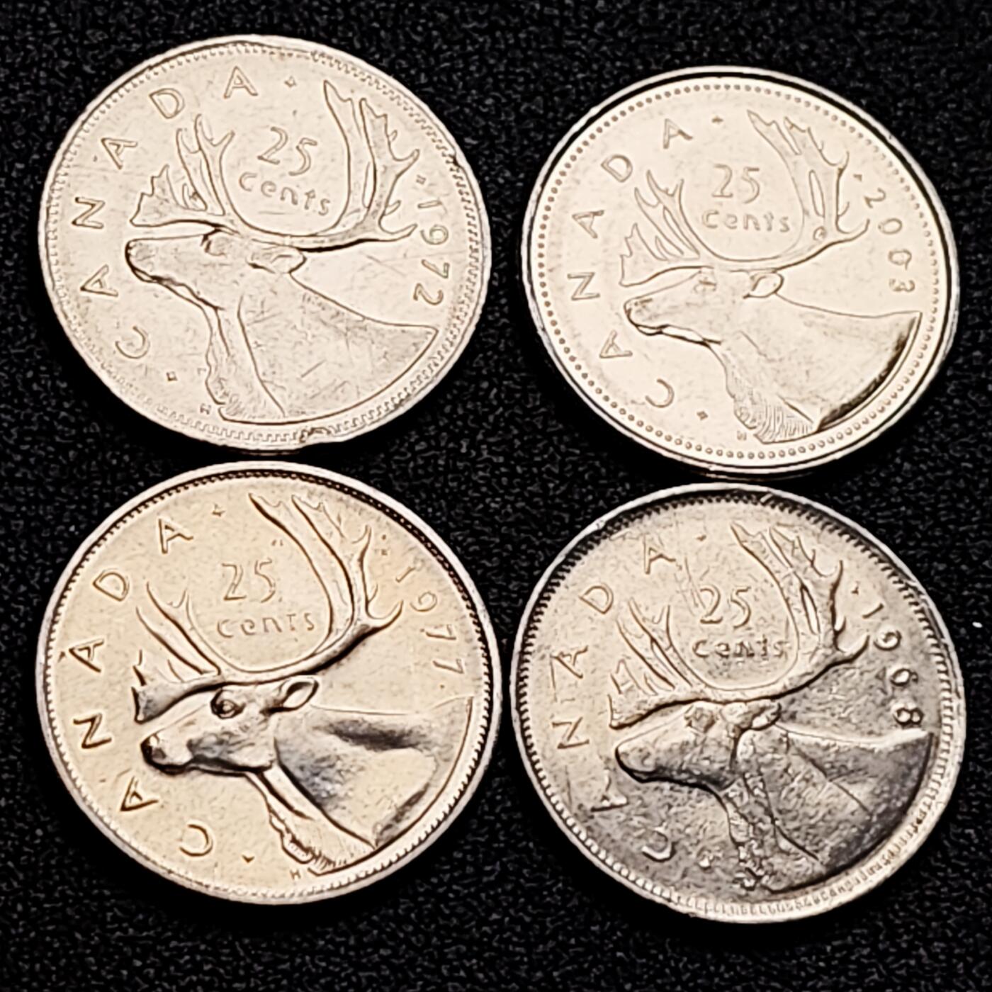 泉币菌-第163场-新年第六场 精品福利场 高币值 一加元 一组4枚 加拿大驯鹿1/4元 英国伊丽莎白二世女王像 23.9mm