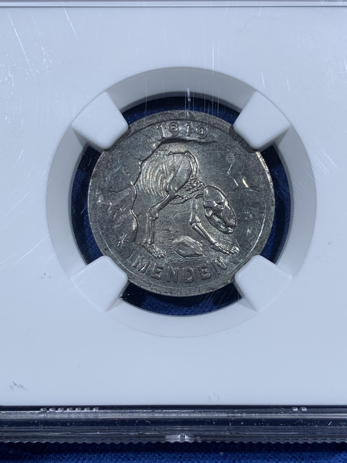 《竞宝斋》第455场 周日，周一 2场连拍 （全场包邮，欢迎送拍） NGC MS62 德国 1920年 50芬尼 德紧 门登洞熊铁币 绝大多数为铝币，铁币少见