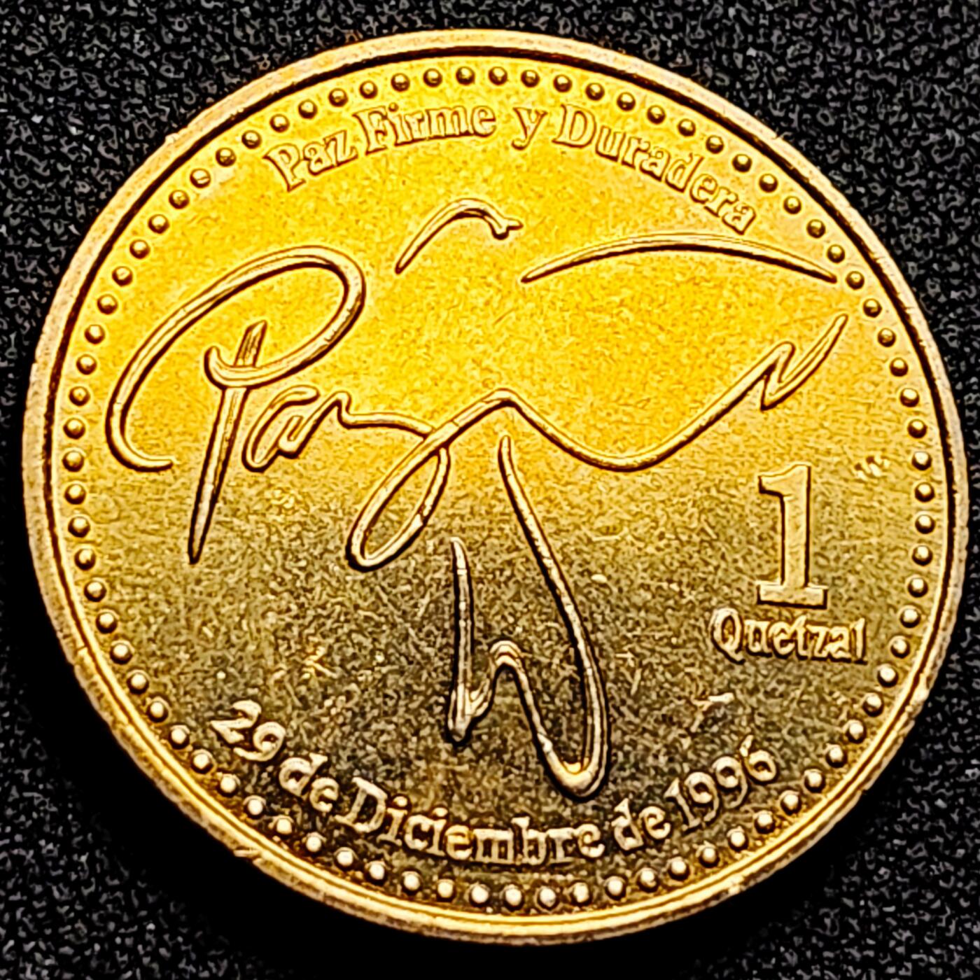 泉币菌-第164场-新年第七场 精品福利场 铜光美品 帕斯的鸽子形签名 危地马拉1格查尔钢镀黄铜硬币 29.0毫米 6.4克