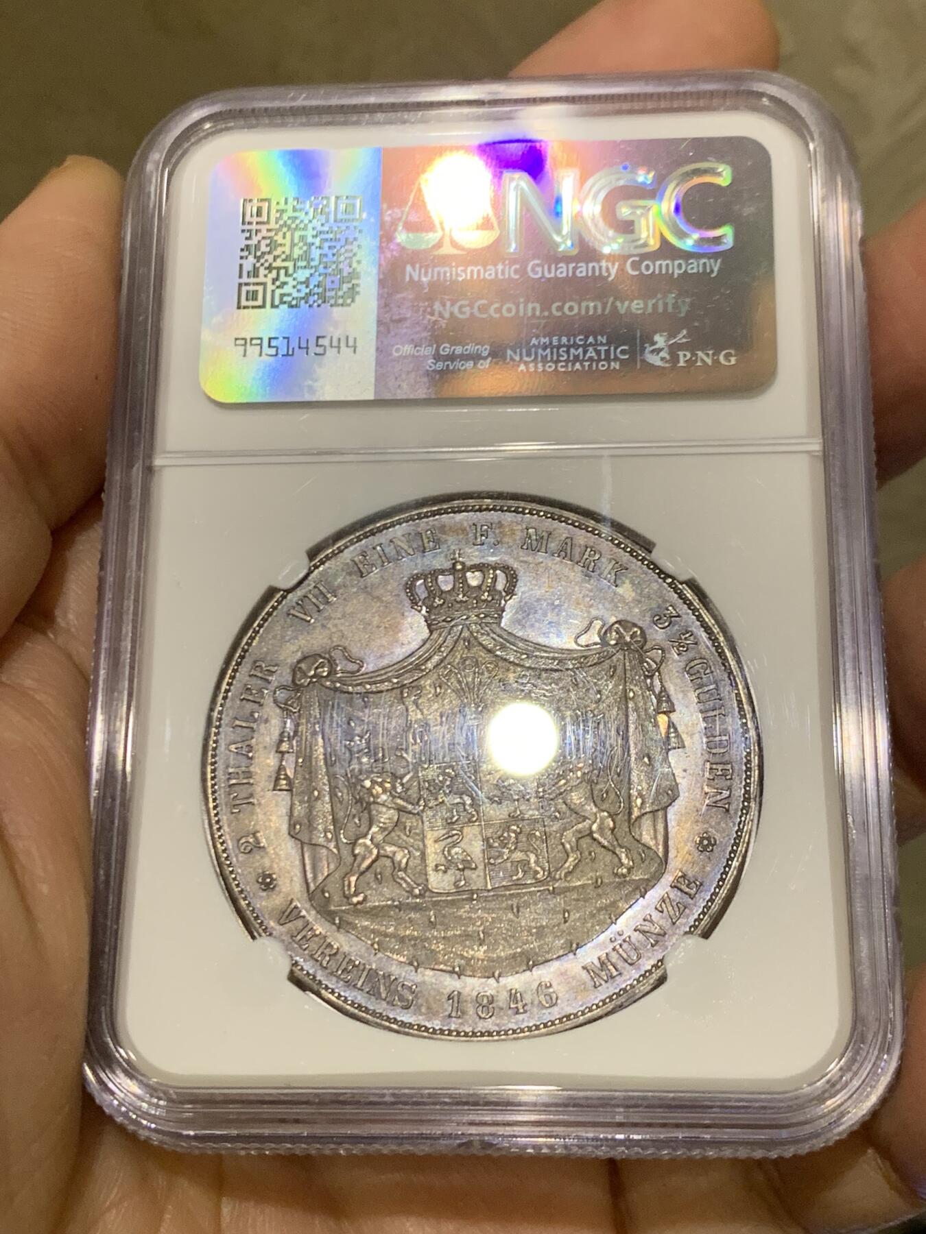 《竞宝斋》第455场 周日，周一 2场连拍 （全场包邮，欢迎送拍） NGC MS62 德国 1846年 罗伊斯公国 2泰勒大银币 仅2650枚的发行量 深彩包浆 PL质感 更高分只有2枚