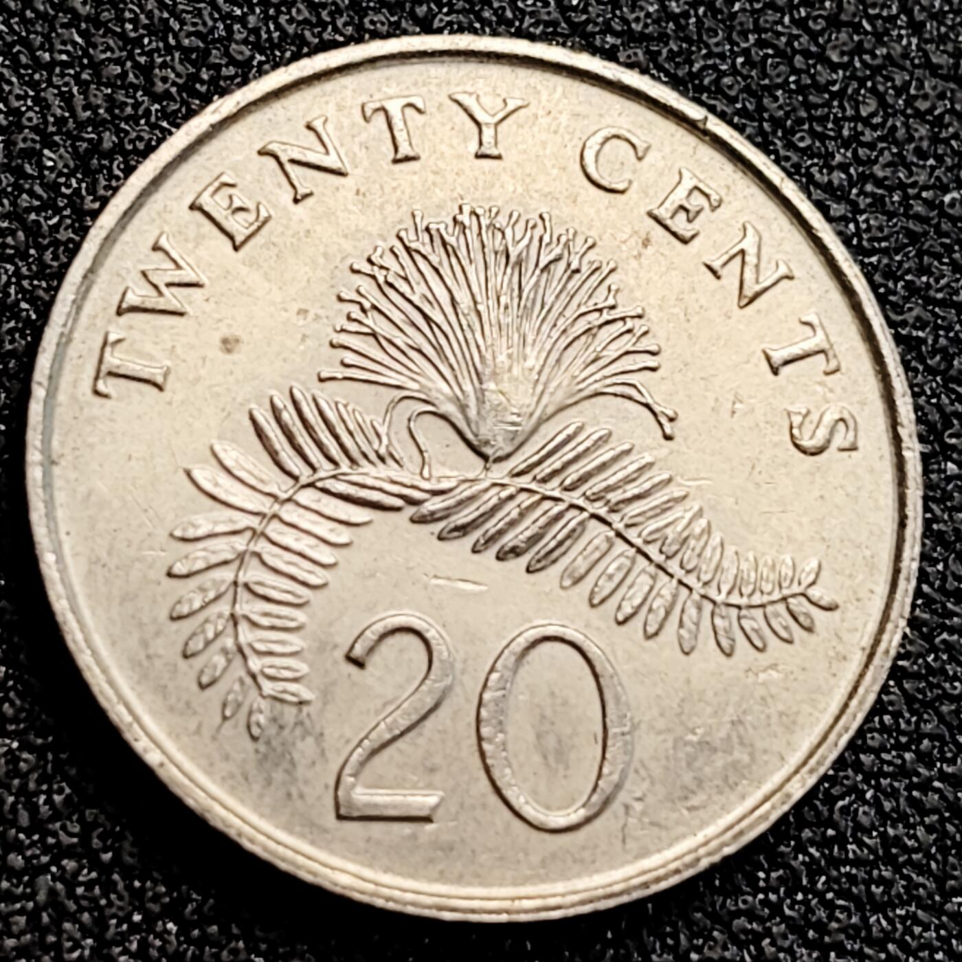 泉币菌-第164场-新年第七场 精品福利场 1989 高币值 新加坡20分 绒球花 高盾徽版 直径21.36mm