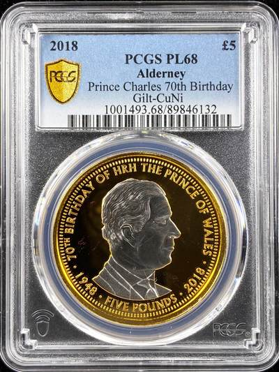 【雨安】【直播拍卖】【第0123期-评级币章】2026-01-10 周六 19:30 - [评级现代] Alderney 奥尔德尼 5镑 2018年 查尔斯70岁生日 PCGS-PL68