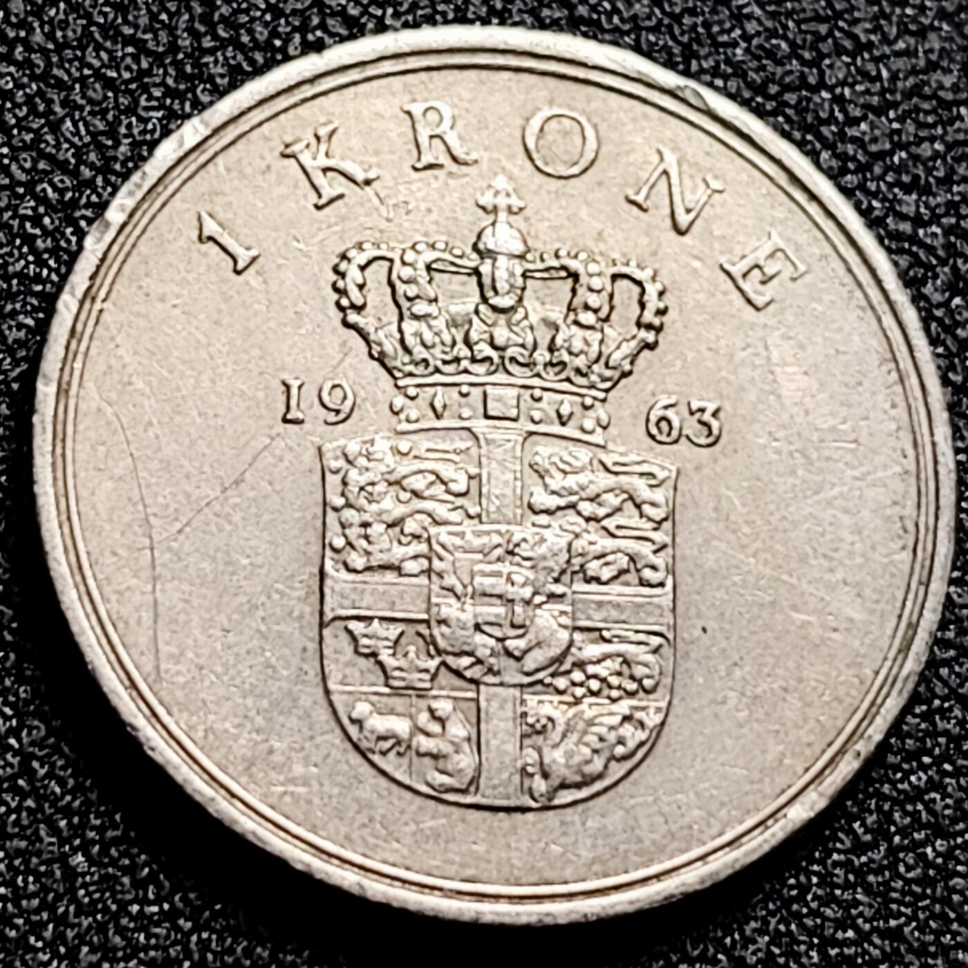 泉币菌-第165场-新年第八场 精品福利场 丹麦1963年1克朗 皇冠 弗雷德里克九世国王 25.5mm