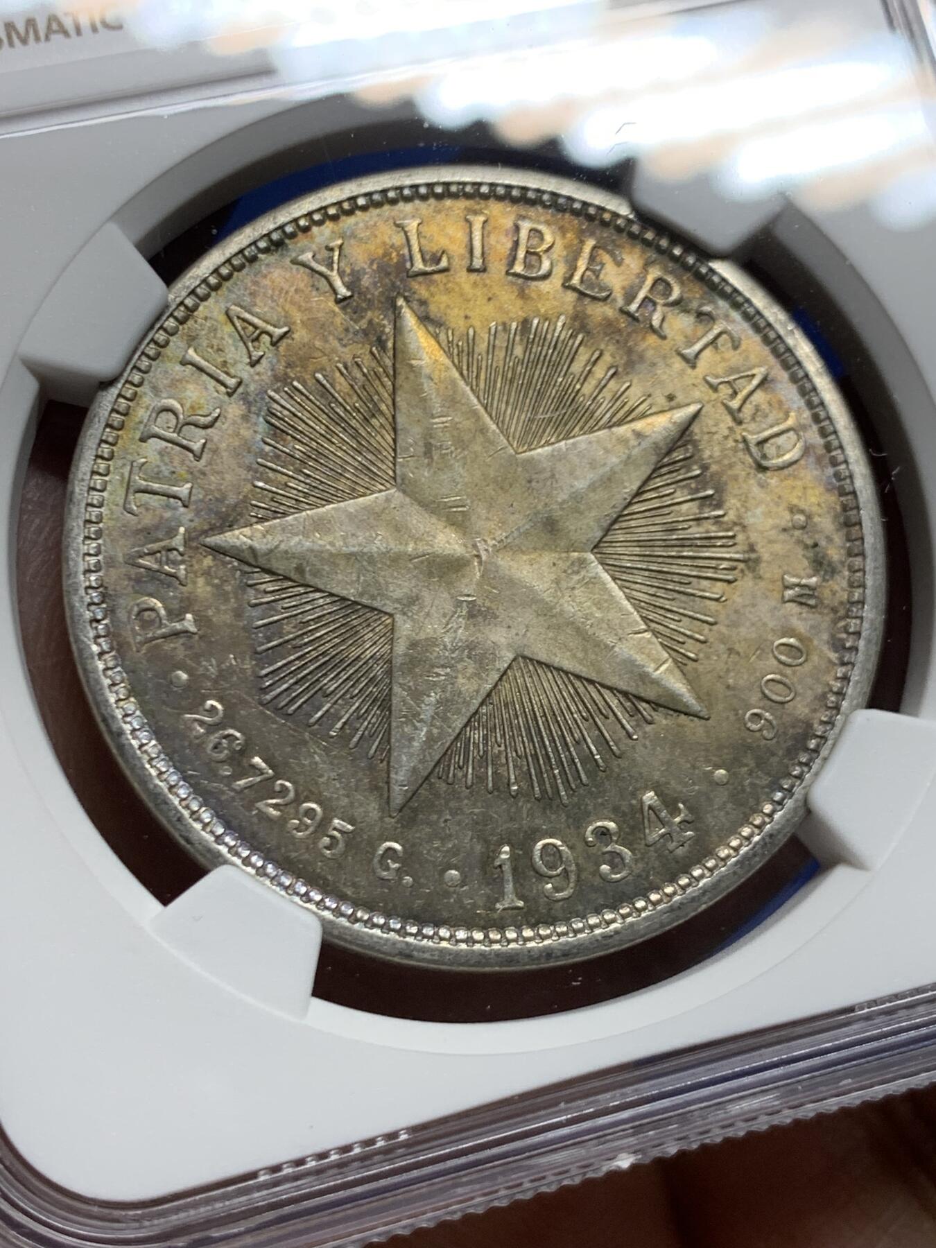 《竞宝斋》第455场 周日，周一 2场连拍 （全场包邮，欢迎送拍） NGC MS62 古巴1934年大五星1比索银币