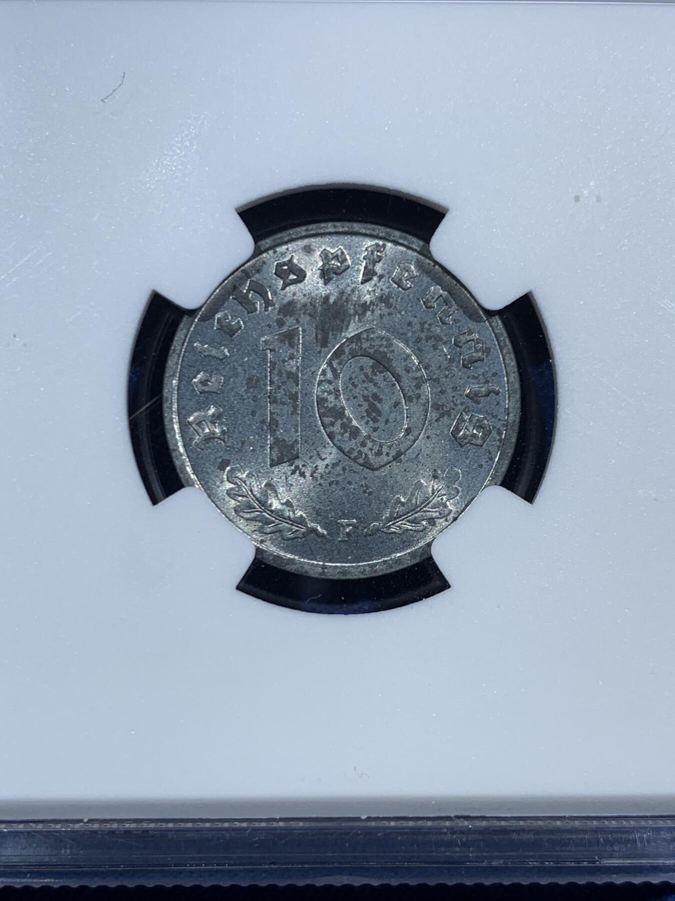 《竞宝斋》第455场 周日，周一 2场连拍 （全场包邮，欢迎送拍） NGC MS62 德国盟军占领时期 1947年10芬尼 锌币