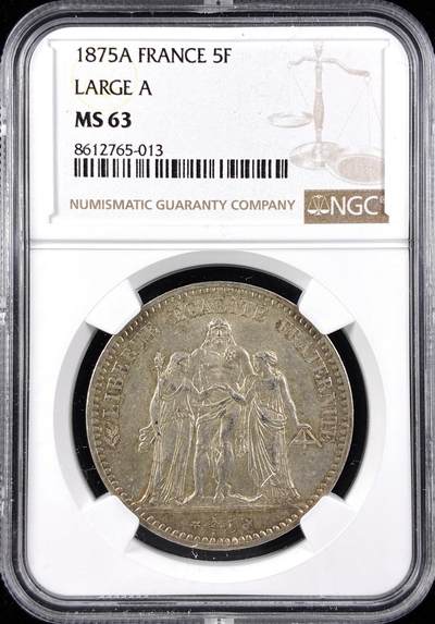 【雨安】【直播拍卖】【第0123期-评级币章】2026-01-10 周六 19:30 - [评级法国] France 法国 5法郎 KM#0820 (1870-1889) 大力神 1875年  NGC-MS63