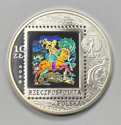 S&S Numismatic世界钱币-拍卖 第118期  - 波兰2008年 波兰邮政服务450年 10兹罗提精制炫彩纪念银币 14.14克925银，品相如图