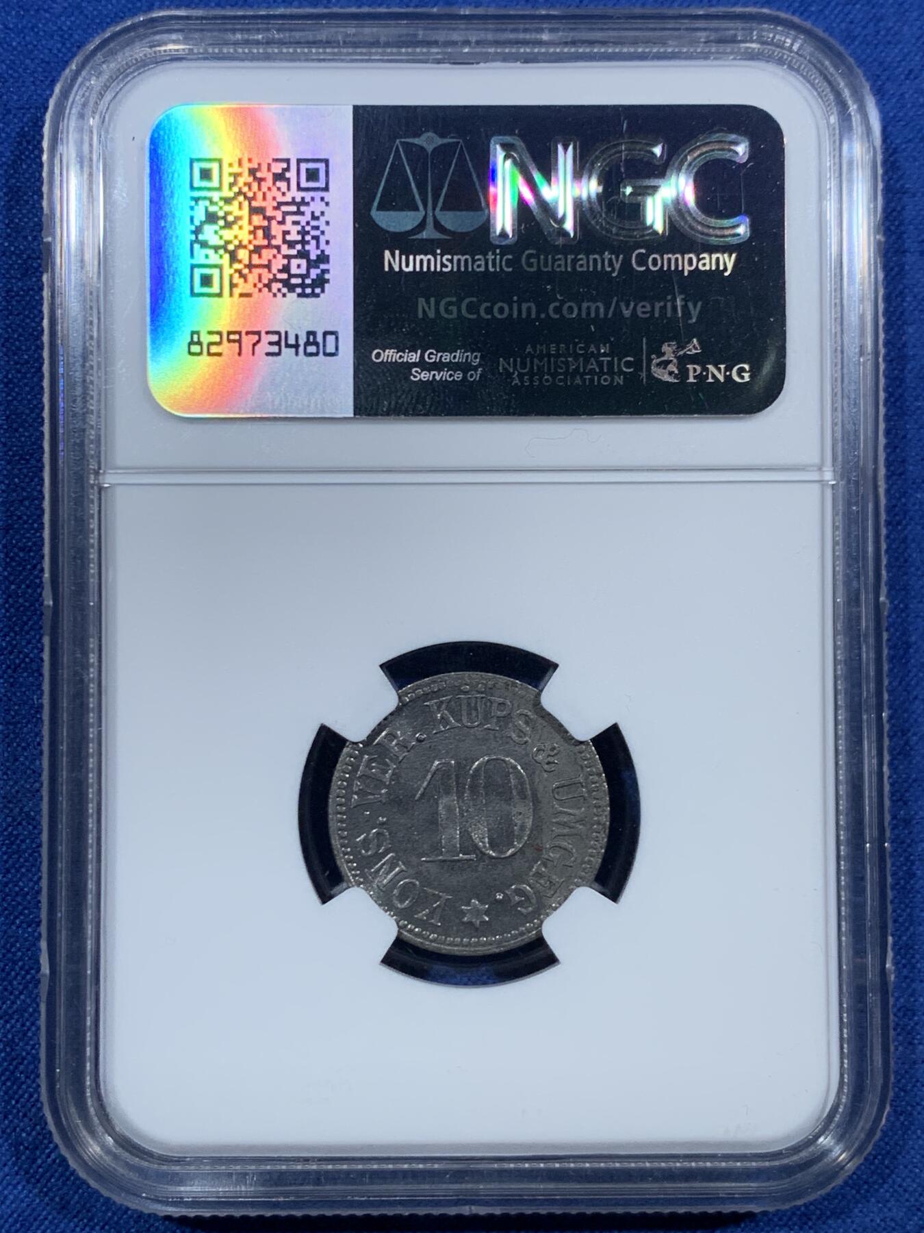 《竞宝斋》第455场 周日，周一 2场连拍 （全场包邮，欢迎送拍） NGC MS64 德国紧急状态 1920年10芬尼 铁币