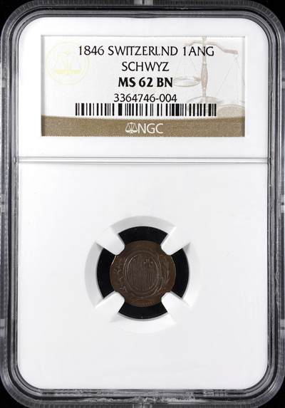 【雨安】【直播拍卖】【第0123期-评级币章】2026-01-10 周六 19:30 - [评级欧洲] Switzerland 瑞士 施维茨 1ANG 1846年  NGC-MS62