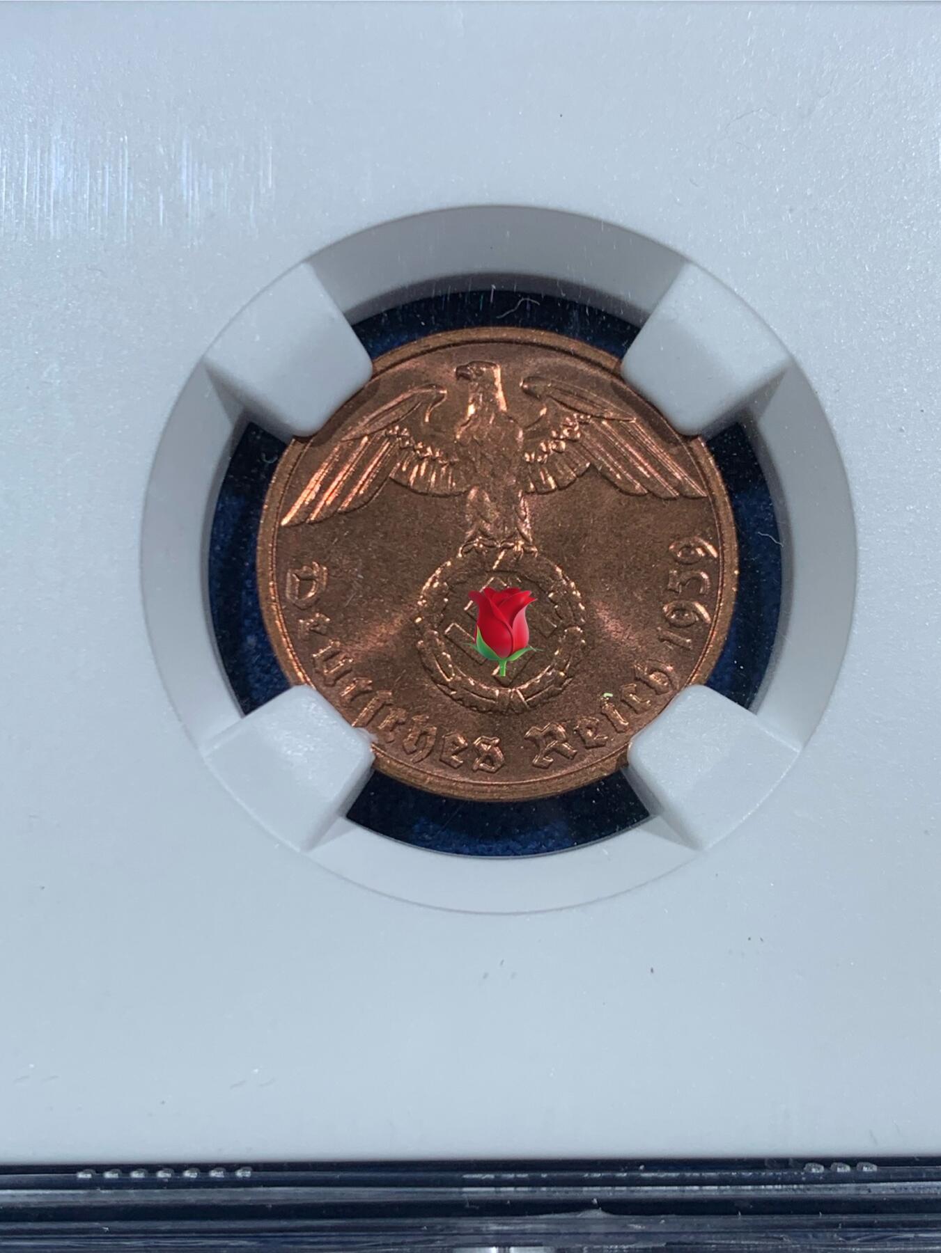 《竞宝斋》第455场 周日，周一 2场连拍 （全场包邮，欢迎送拍） NGC MS65RB 德国 1939G 2芬尼 亚军分 更高分仅一枚