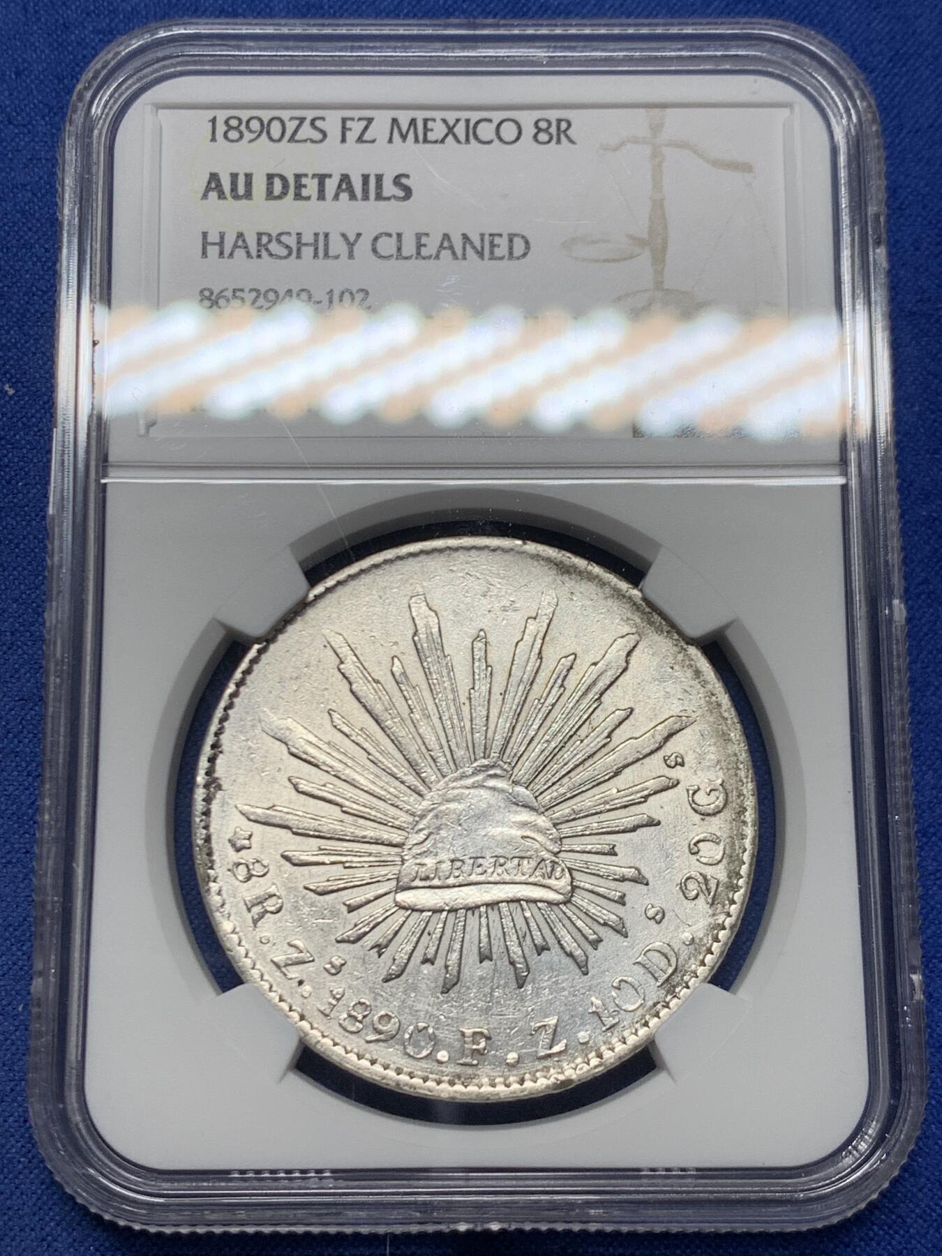 《竞宝斋》第455场 周日，周一 2场连拍 （全场包邮，欢迎送拍） NGC AUD 墨西哥1890年花边鹰洋8R银币 AU细节，羽毛不错