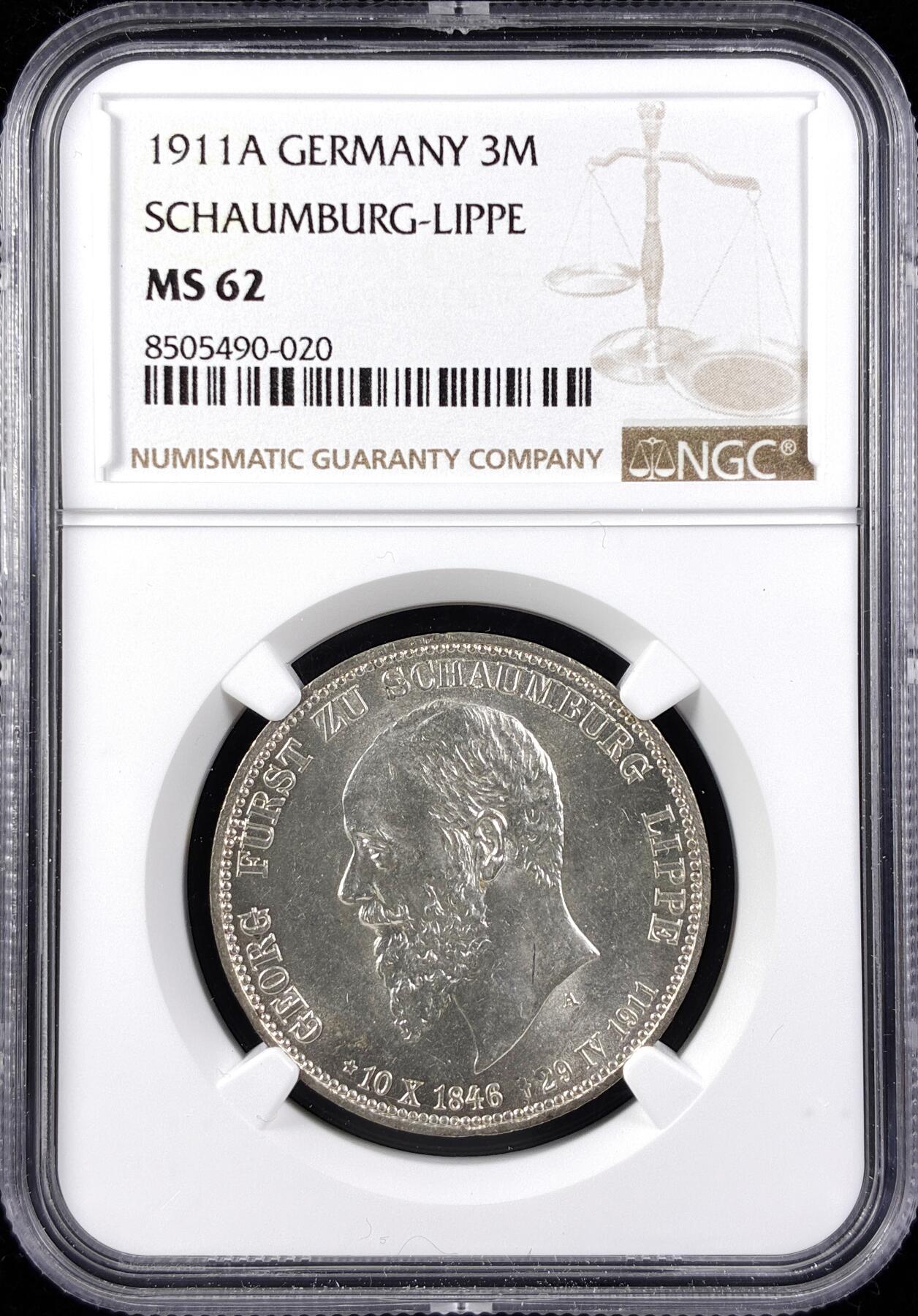 【雨安】【直播拍卖】【第0123期-评级币章】2026-01-10 周六 19:30 [评级德国] Germany 德国 帝国 J.166 绍姆堡-利珀 3马克 (1911) 格奥尔格 1911年  NGC-MS62