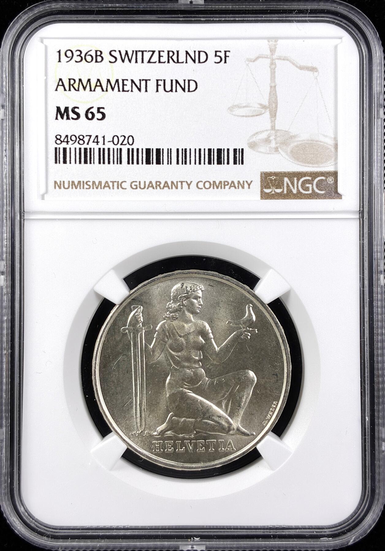 【雨安】【直播拍卖】【第0123期-评级币章】2026-01-10 周六 19:30 [评级欧洲] Switzerland 瑞士 5法郎 1936年 军备基金 KM# 41  NGC-MS65