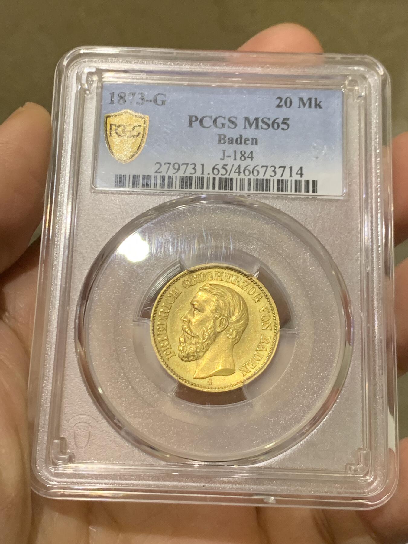 《竞宝斋》第455场 周日，周一 2场连拍 （全场包邮，欢迎送拍） PCGS MS65 德国巴登大公国 1873年20帝国金马克金币 热门的德二短翅鹰 高分极好 1872昆克裸币成交价2.2万