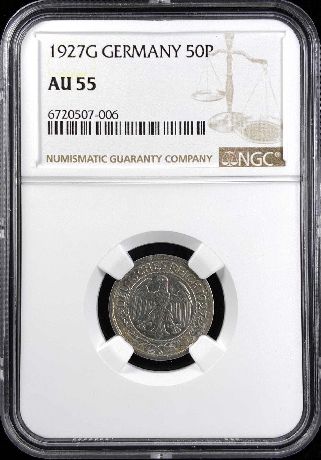 【雨安】【直播拍卖】【第0123期-评级币章】2026-01-10 周六 19:30 [评级德国] Germany 德国 魏玛 50芬尼 1927年  NGC-AU55