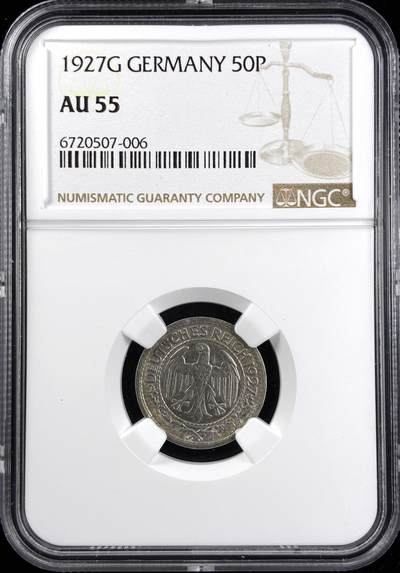 【雨安】【直播拍卖】【第0123期-评级币章】2026-01-10 周六 19:30 - [评级德国] Germany 德国 魏玛 50芬尼 1927年  NGC-AU55