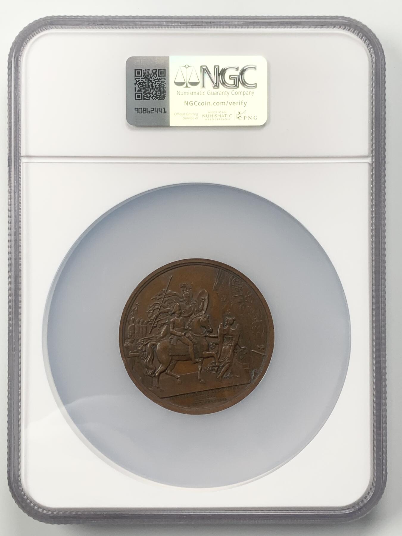 掌中浮雕-藏着的欧洲第048场 NGC MS61 : 1823年法国波旁王朝的路易·安托万从西班牙战役中归来铜章， 51mm
