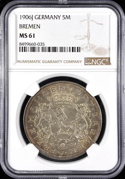 【雨安】【直播拍卖】【第0123期-评级币章】2026-01-10 周六 19:30 - [评级德国] Germany 德国 帝国 J.060 不莱梅 5马克 (1906) 1906年  NGC-MS61 淡黄金彩包浆