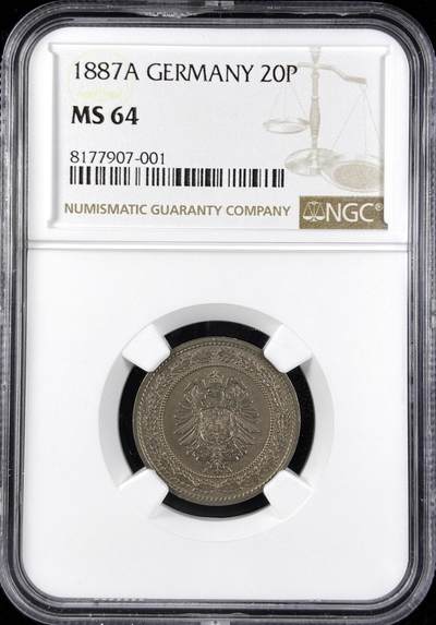【雨安】【直播拍卖】【第0123期-评级币章】2026-01-10 周六 19:30 - [评级德国] Germany 德国 帝国 20芬尼 1887年  NGC-MS64
