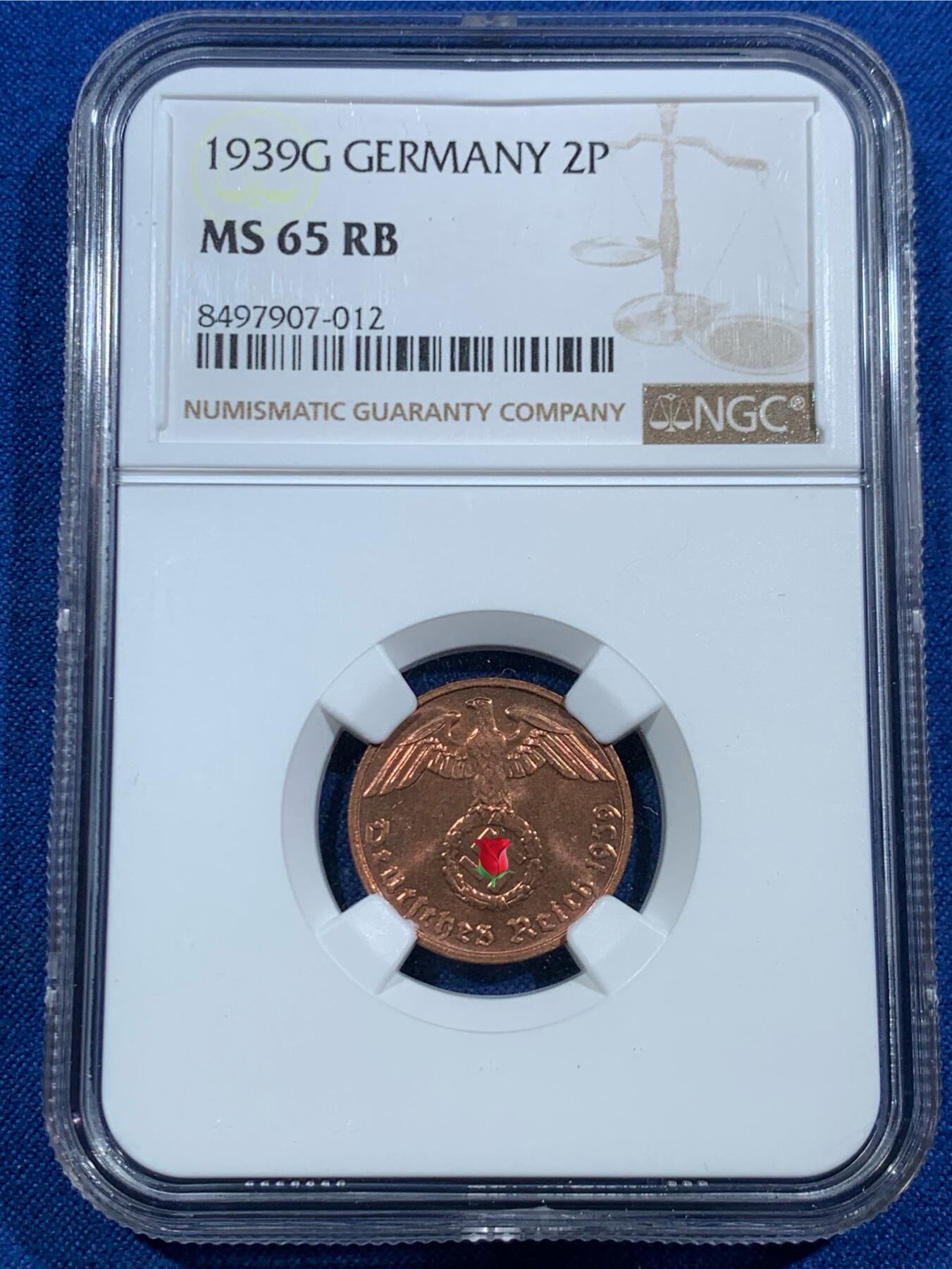 《竞宝斋》第455场 周日，周一 2场连拍 （全场包邮，欢迎送拍） NGC MS65RB 德国 1939G 2芬尼 亚军分 更高分仅一枚